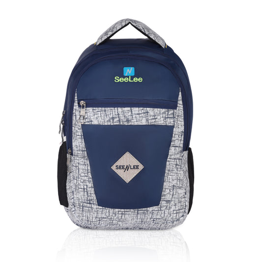 SeeNLee Explorer Series | 28L Multi-Purpose Backpack | Stylish School & Travel Bag with Premium Design (Navy-Silver Pattern)