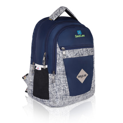 SeeNLee Explorer Series | 28L Multi-Purpose Backpack | Stylish School & Travel Bag with Premium Design (Navy-Silver Pattern)