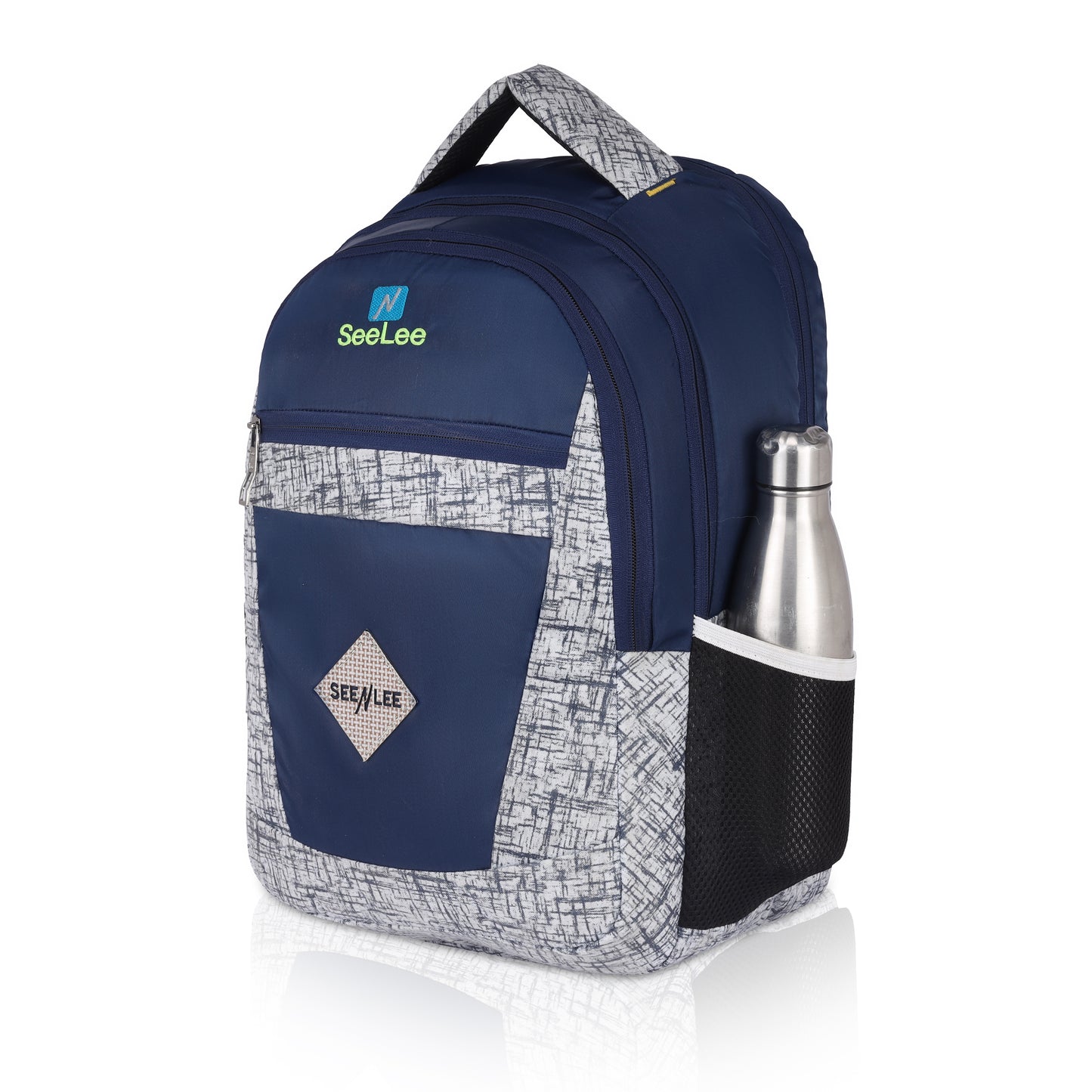 SeeNLee Explorer Series | 28L Multi-Purpose Backpack | Stylish School & Travel Bag with Premium Design (Navy-Silver Pattern)