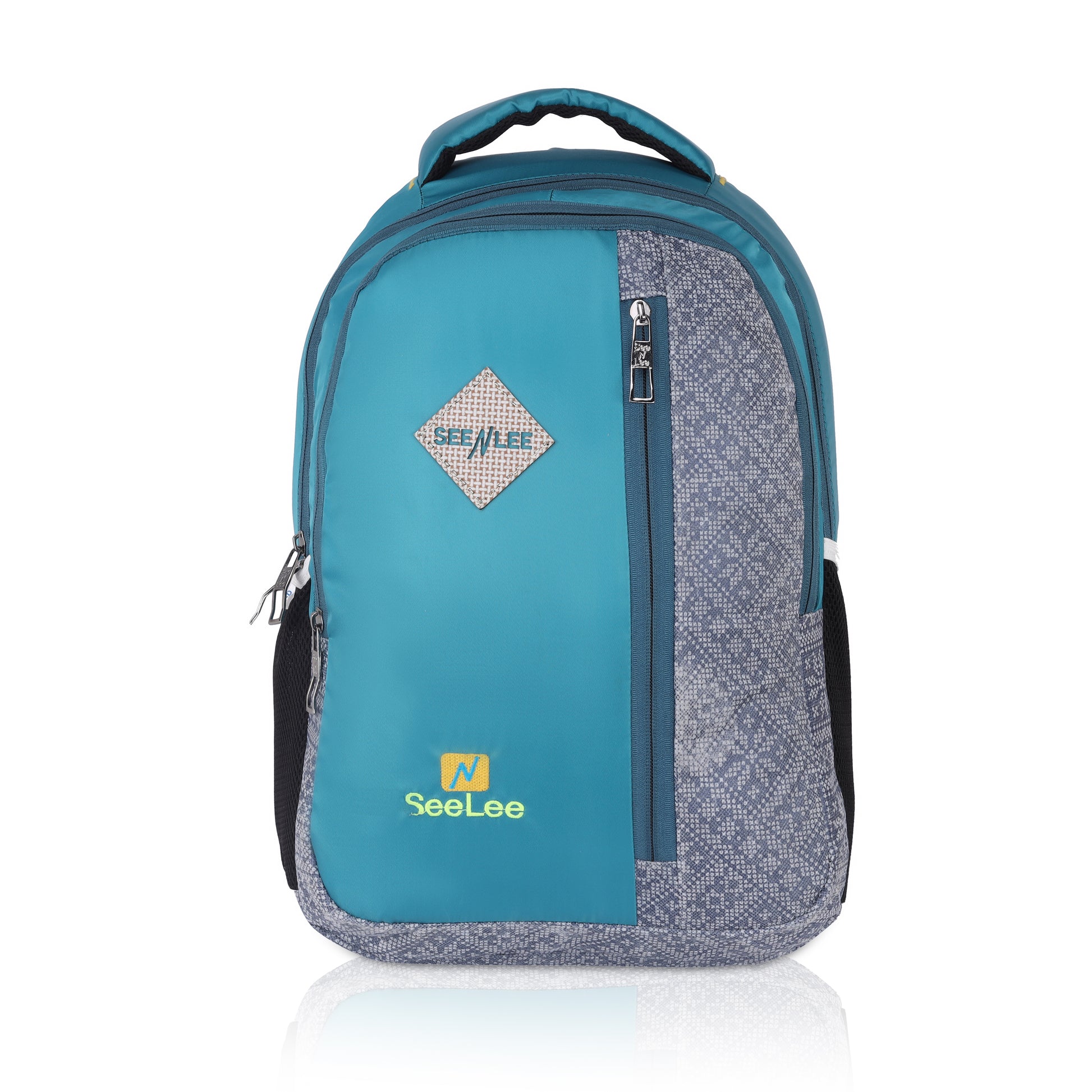 SeeNLee Vista Series | 28L Dual-Tone Backpack | Modern School & Travel Bag with Designer Pattern (Turquoise-Grey)