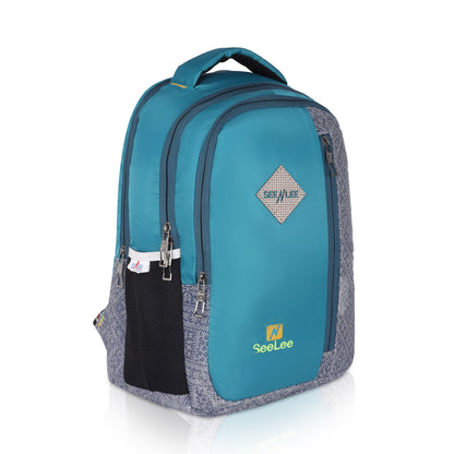 SeeNLee Vista Series | 28L Dual-Tone Backpack | Modern School & Travel Bag with Designer Pattern (Turquoise-Grey)