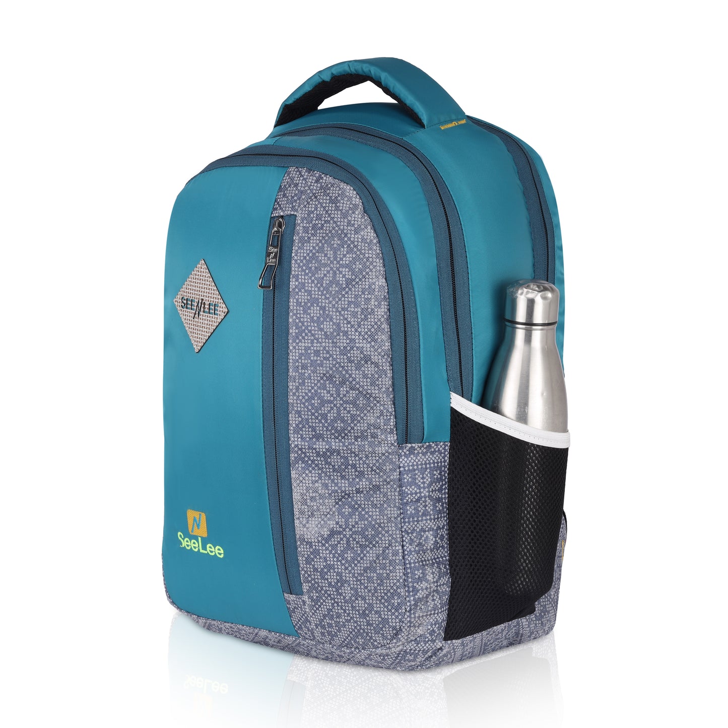 SeeNLee Vista Series | 28L Dual-Tone Backpack | Modern School & Travel Bag with Designer Pattern (Turquoise-Grey)