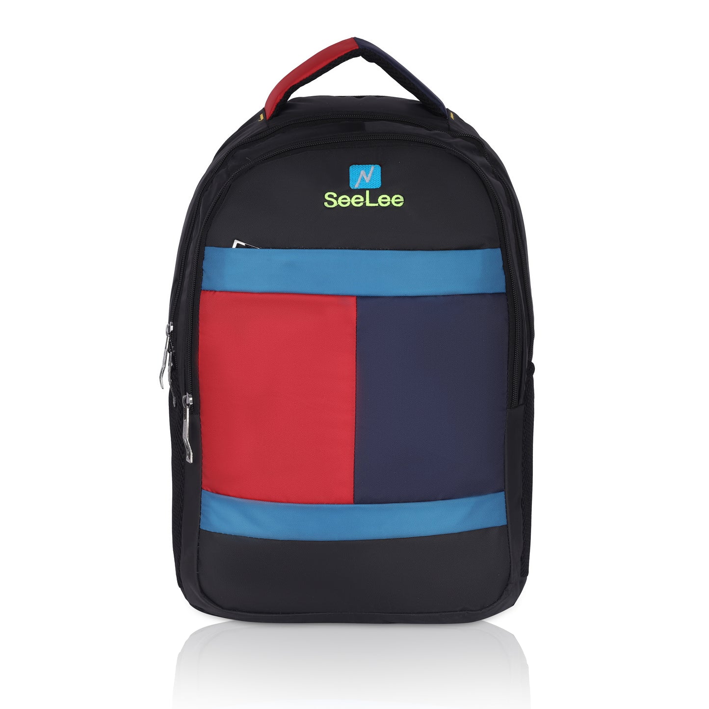 SeeNLee Metro Fusion 25L Professional Backpack - Modern Triple-Tone Design for School, College & Office (Black/Red/Blue)