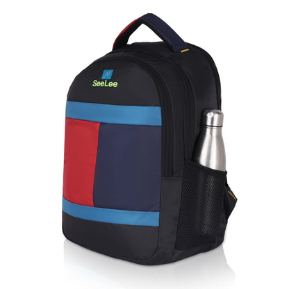 SeeNLee Metro Fusion 25L Professional Backpack - Modern Triple-Tone Design for School, College & Office (Black/Red/Blue)