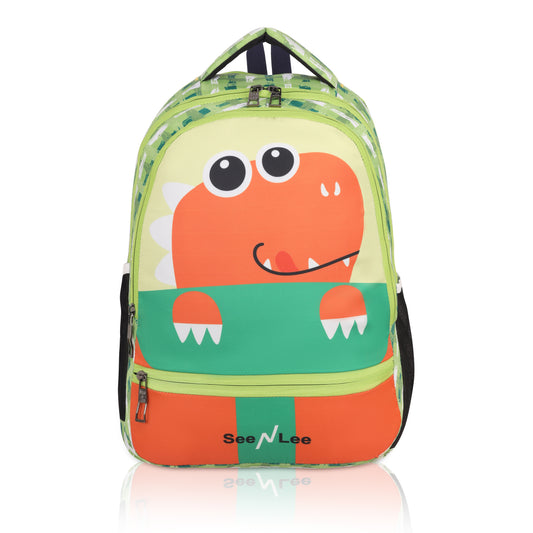 Kids Dinosaur Backpack | Cute T-Rex Design with Plaid Pattern | Water Bottle Holder School Bag - Ages 3-8 Years (Green/Orange)