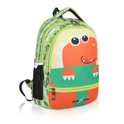 Kids Dinosaur Backpack | Cute T-Rex Design with Plaid Pattern | Water Bottle Holder School Bag - Ages 3-8 Years (Green/Orange)