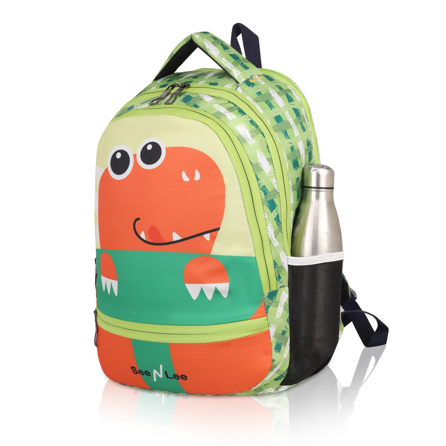 Kids Dinosaur Backpack | Cute T-Rex Design with Plaid Pattern | Water Bottle Holder School Bag - Ages 3-8 Years (Green/Orange)