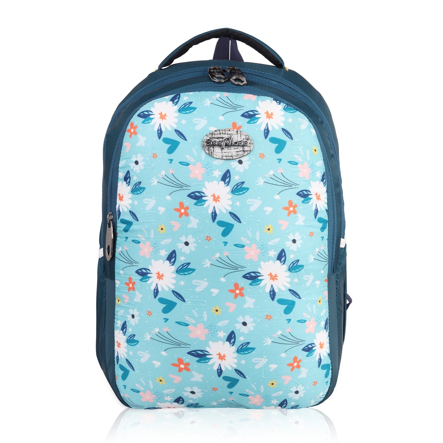 Discover the SeeNLee Aqua Bloom 25L backpack featuring Smart Tech fabric and trendy floral design with teal accents. Perfect for college, work & travel. Includes laptop protection & warranty