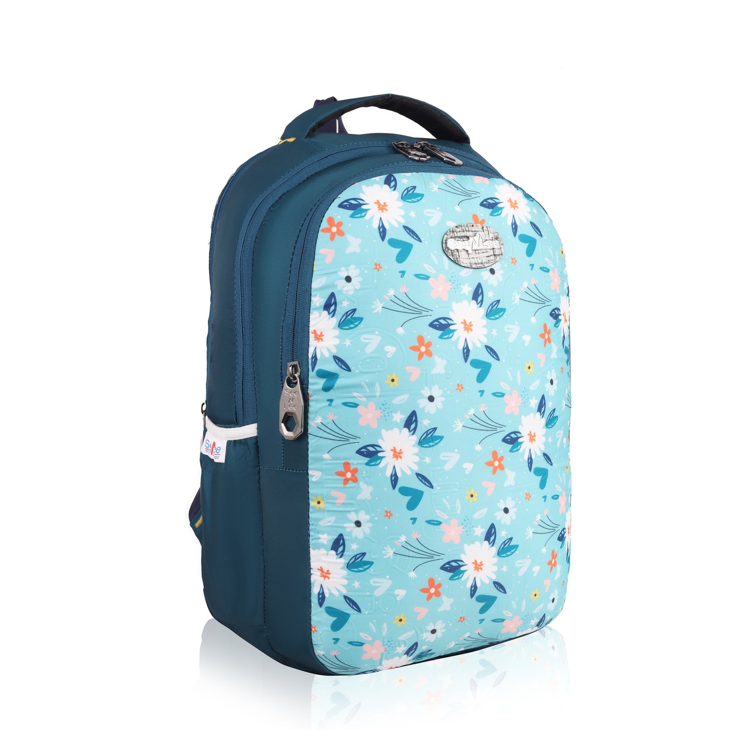 Discover the SeeNLee Aqua Bloom 25L backpack featuring Smart Tech fabric and trendy floral design with teal accents. Perfect for college, work & travel. Includes laptop protection & warranty