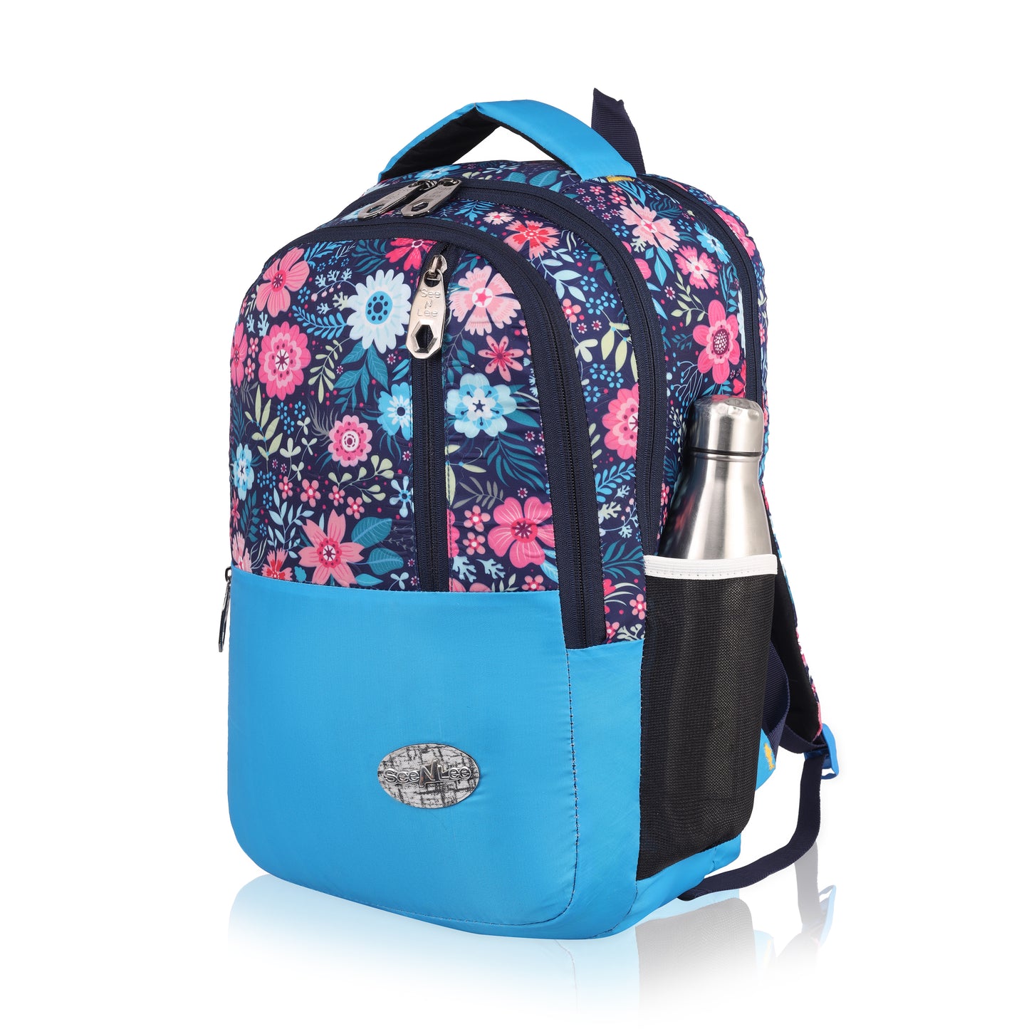 SeeNLee Summer Bloom 25L Smart Fashion Backpack - Navy Floral Print with Azure Blue Accent | Women's Designer Daypack