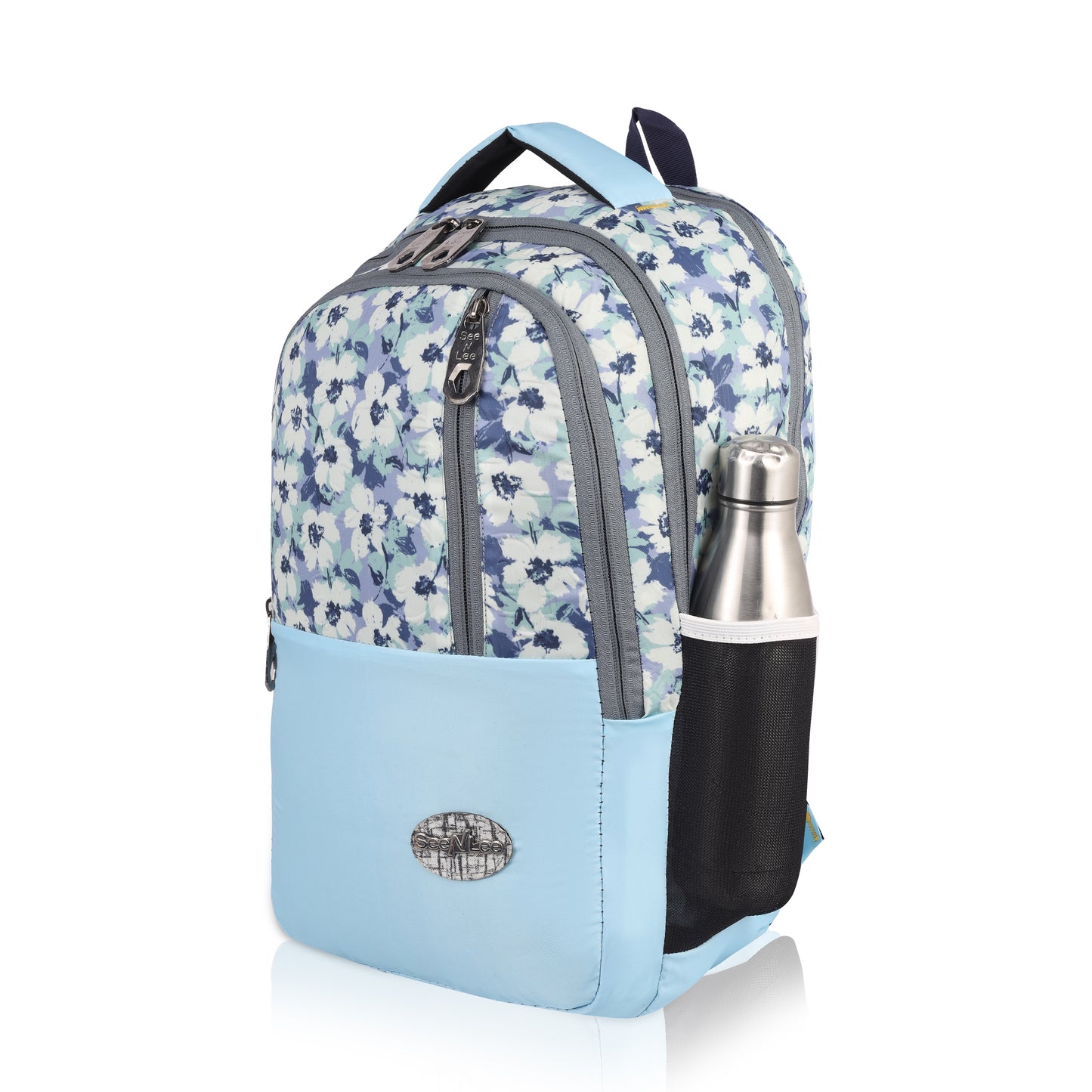 SeeNLee Sky Blossom 25L Smart Fashion Backpack - Soft Blue Floral Print with Grey Accents | Women's Designer Daypack