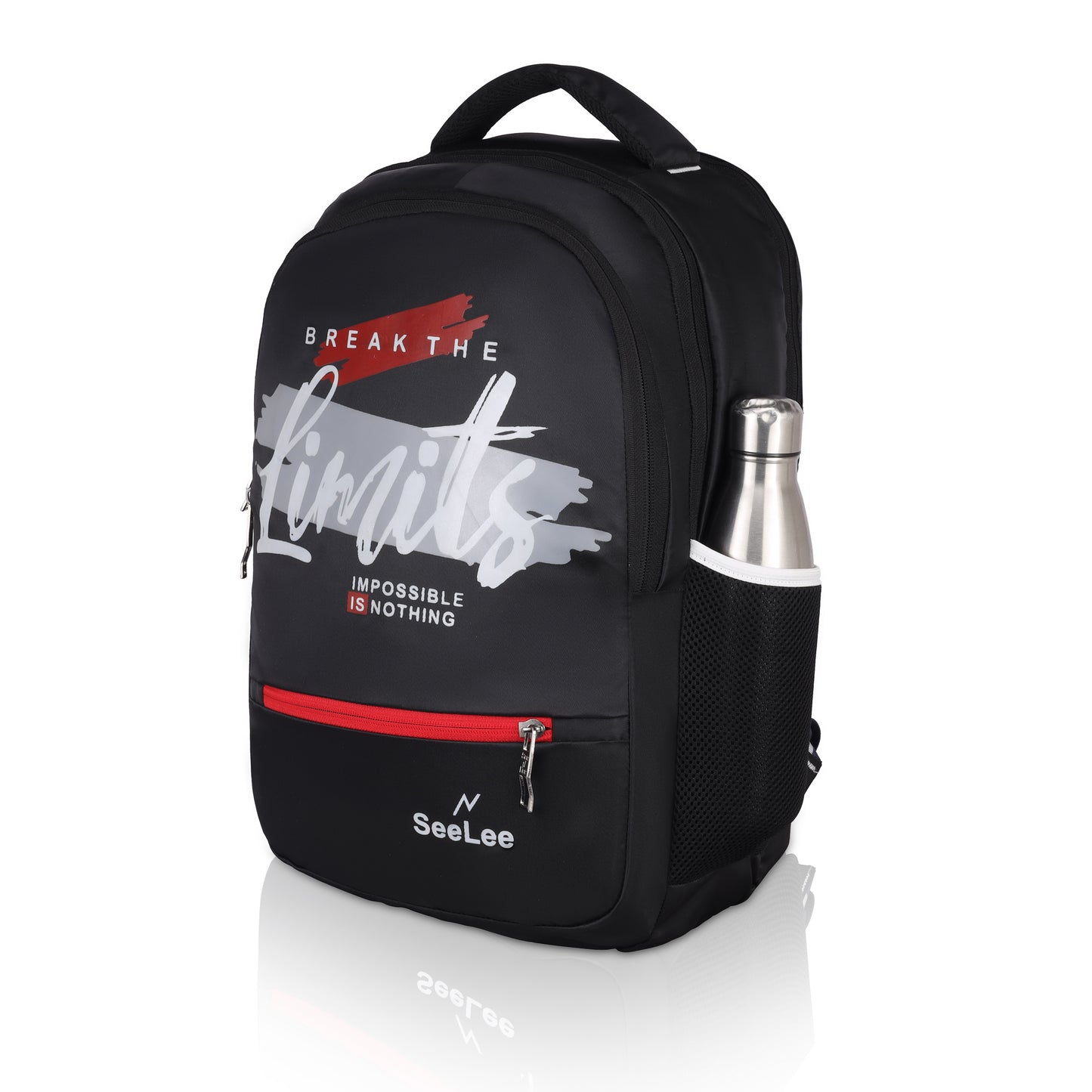 SeeNLee Limitless 28L Motivational Backpack - Break The Limits Edition for School, College & Urban Lifestyle (Stealth Black/Red)