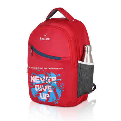 SeeNLee DreamChaser 28L Motivational Backpack - Never Give Up Edition for School, College & Urban Lifestyle (Racing Red/Sky Blue)