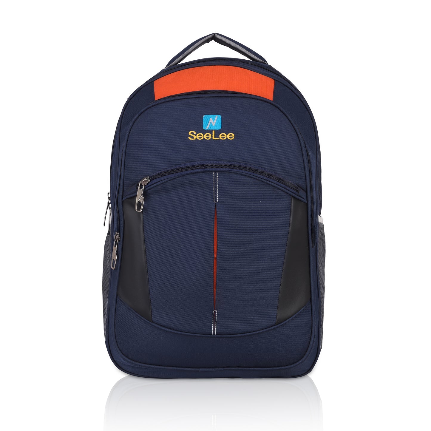 SeeNLee Navigator Pro 28L Backpack - Classic Sport Edition for School, College & Travel (Navy/Orange/Black)