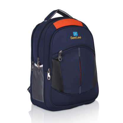 SeeNLee Navigator Pro 28L Backpack - Classic Sport Edition for School, College & Travel (Navy/Orange/Black)