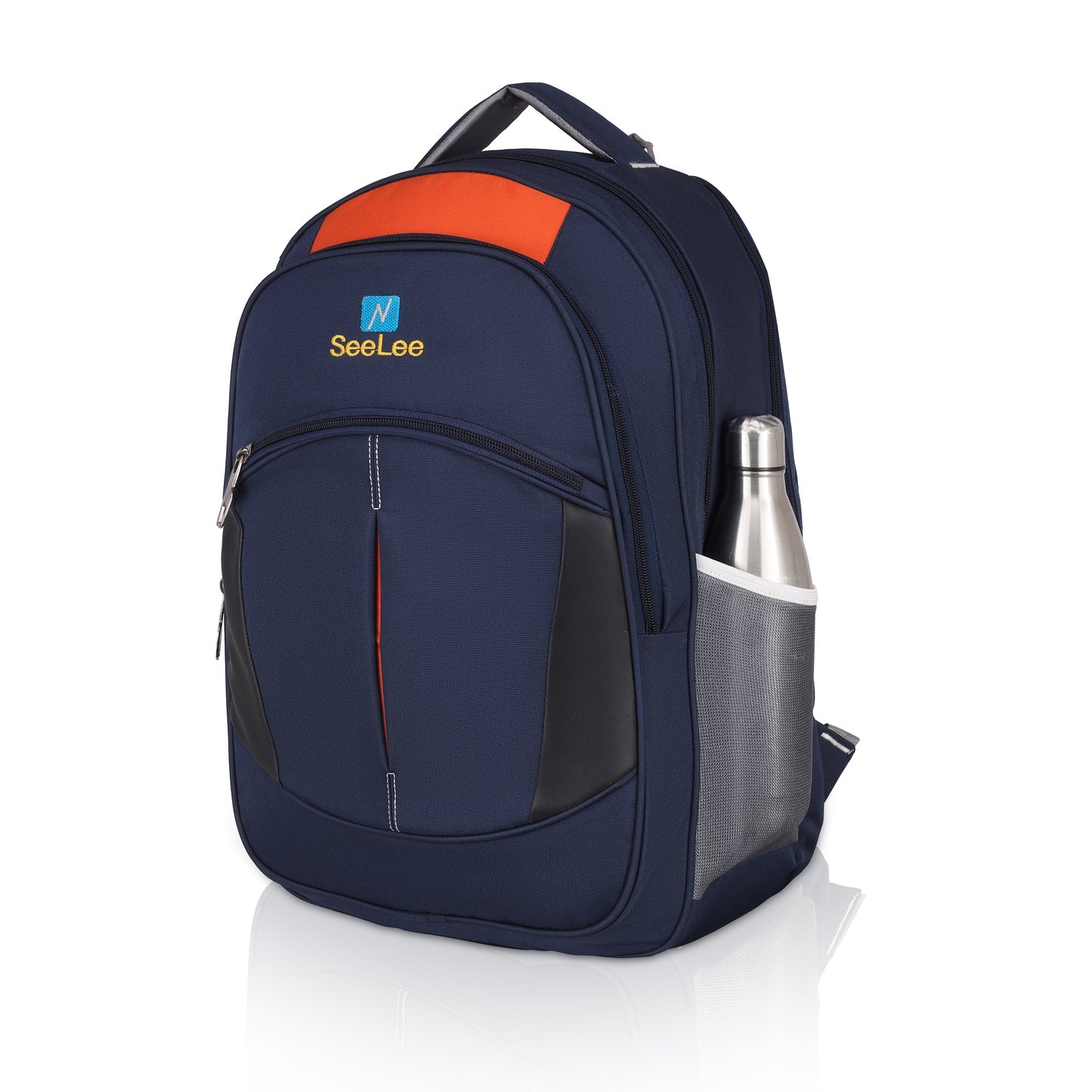 SeeNLee Navigator Pro 28L Backpack - Classic Sport Edition for School, College & Travel (Navy/Orange/Black)