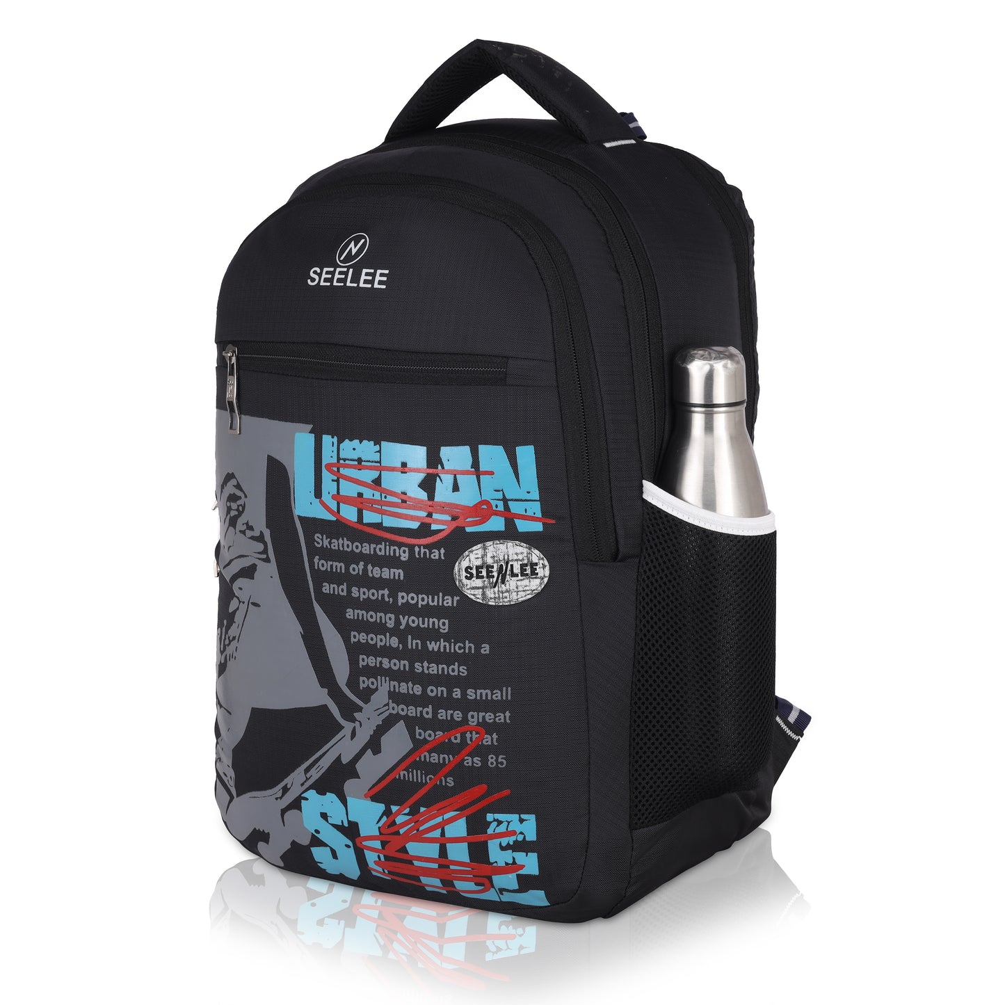 SeeNLee SkateLife 25L Urban Backpack - Street Sport Edition for School, College & Skateboarding Enthusiasts (Stealth Black/Blue)