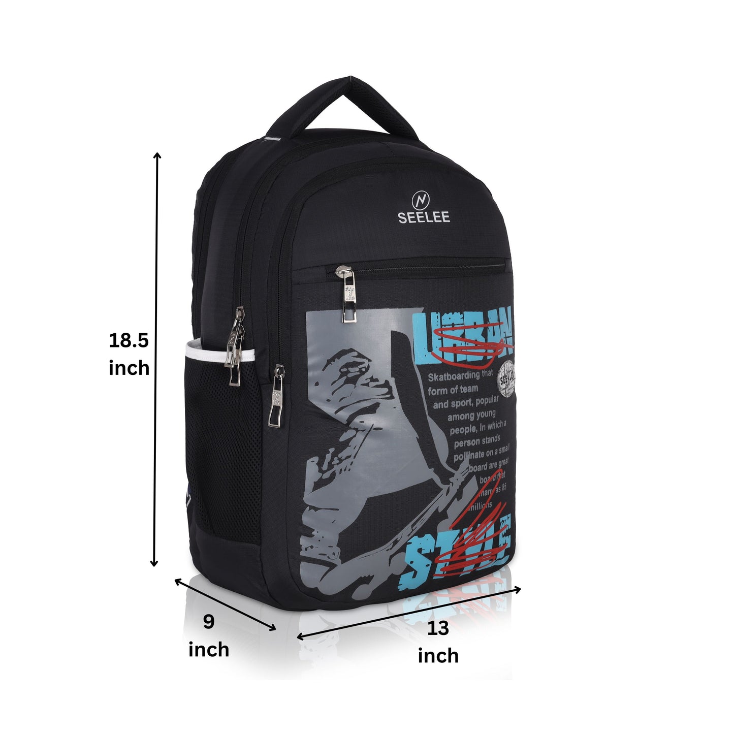 SeeNLee SkateLife 25L Urban Backpack - Street Sport Edition for School, College & Skateboarding Enthusiasts (Stealth Black/Blue)