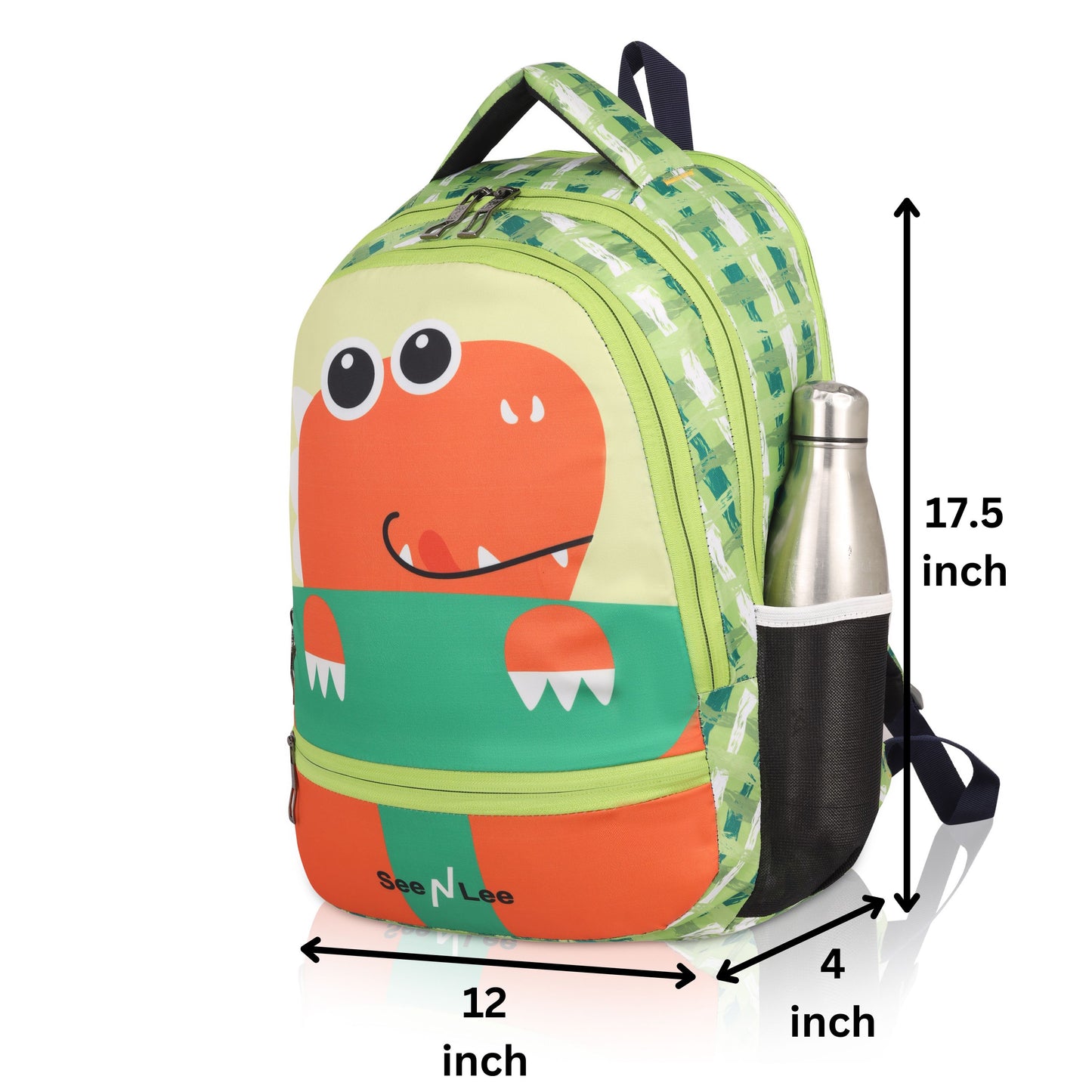 Kids Dinosaur Backpack | Cute T-Rex Design with Plaid Pattern | Water Bottle Holder School Bag - Ages 3-8 Years (Green/Orange)