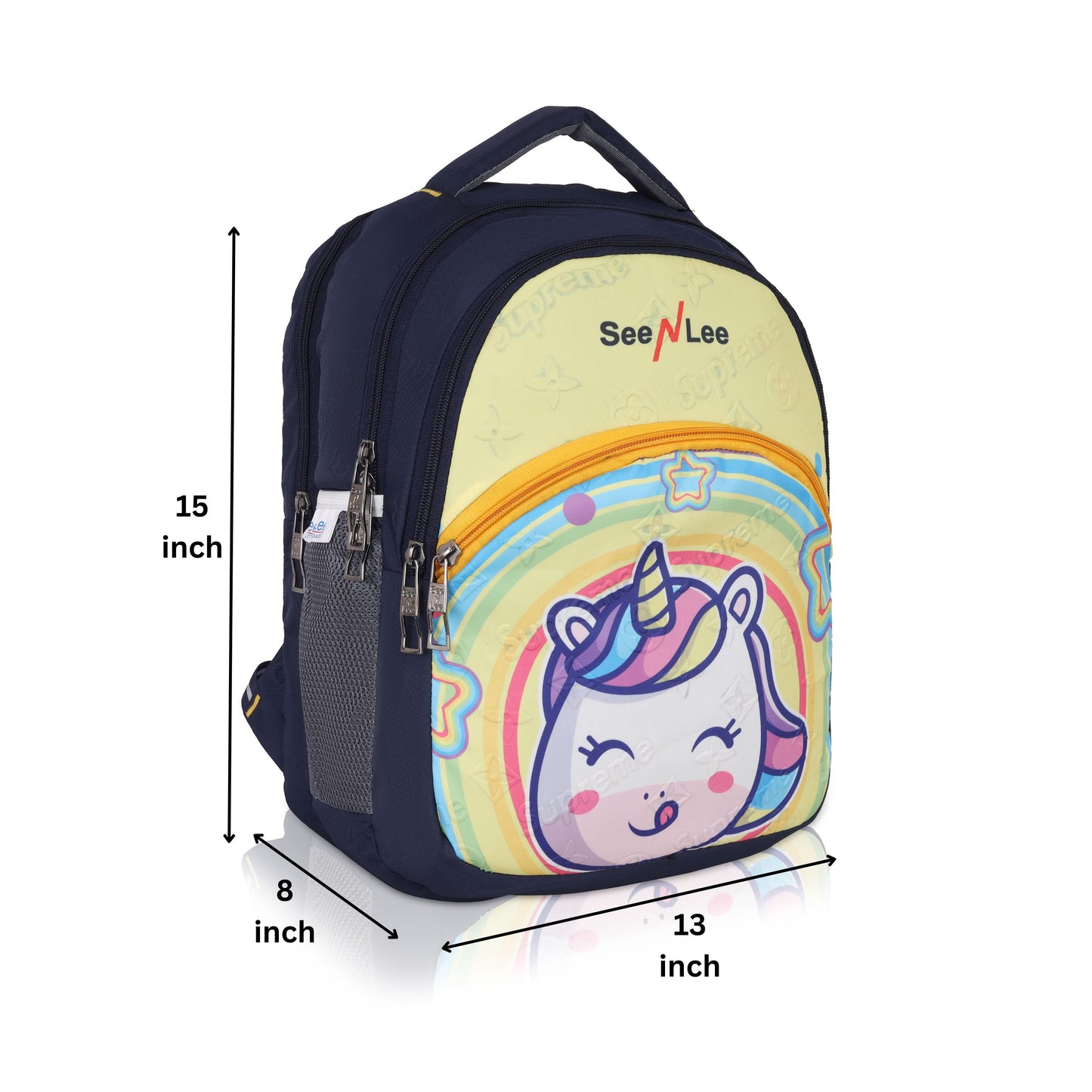 SeeNLee Unicorn Dreams 16L Kids Backpack - Magical Collection for Primary School Girls (Navy/Pastel Rainbow)