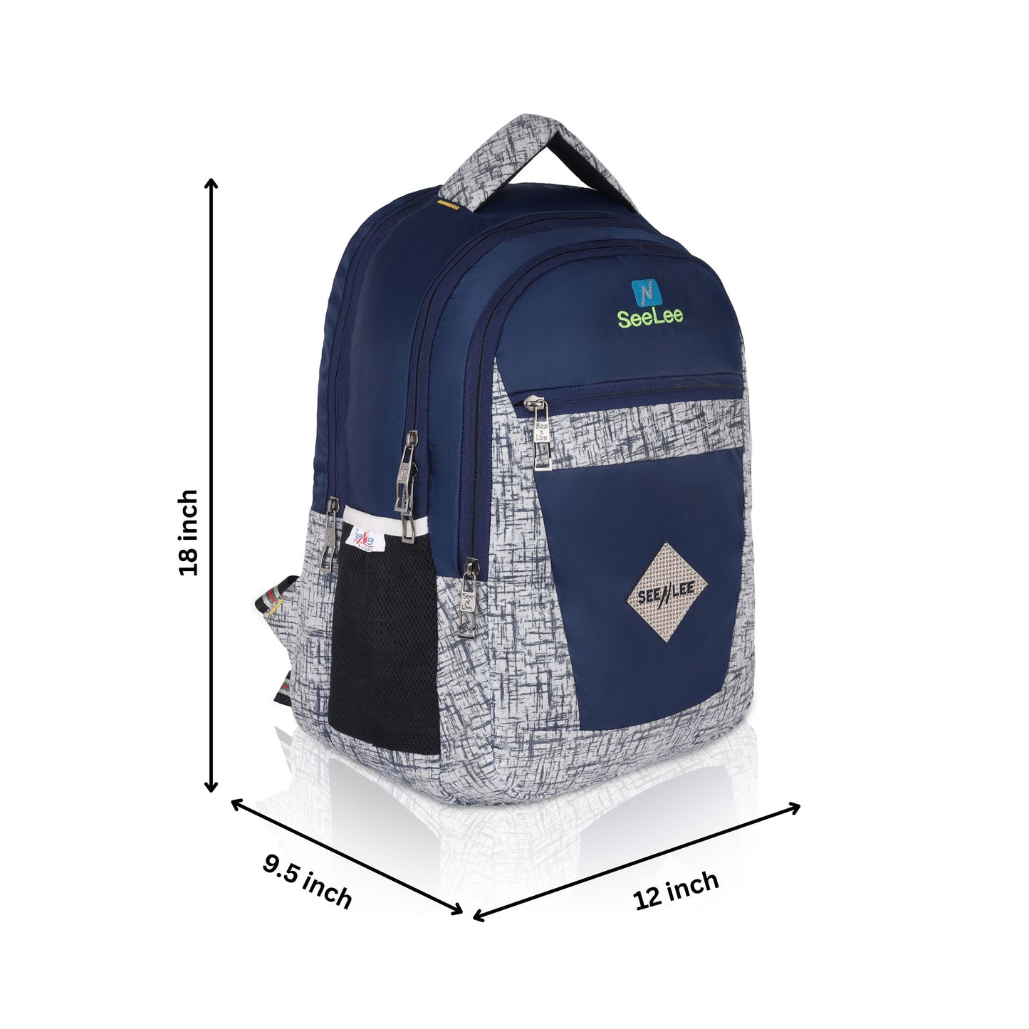 SeeNLee Explorer Series | 28L Multi-Purpose Backpack | Stylish School & Travel Bag with Premium Design (Navy-Silver Pattern)