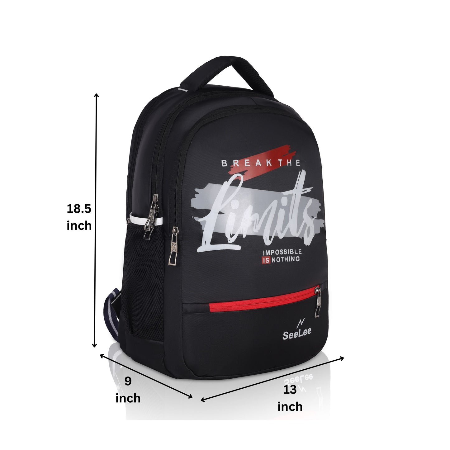 SeeNLee Limitless 28L Motivational Backpack - Break The Limits Edition for School, College & Urban Lifestyle (Stealth Black/Red)