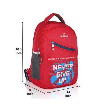 SeeNLee DreamChaser 28L Motivational Backpack - Never Give Up Edition for School, College & Urban Lifestyle (Racing Red/Sky Blue)